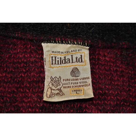 HILDA LTD Vintage Icelandic Wool Cardigan Red Black Nordic Snowflake Sweater L - Picture 4 of 4
